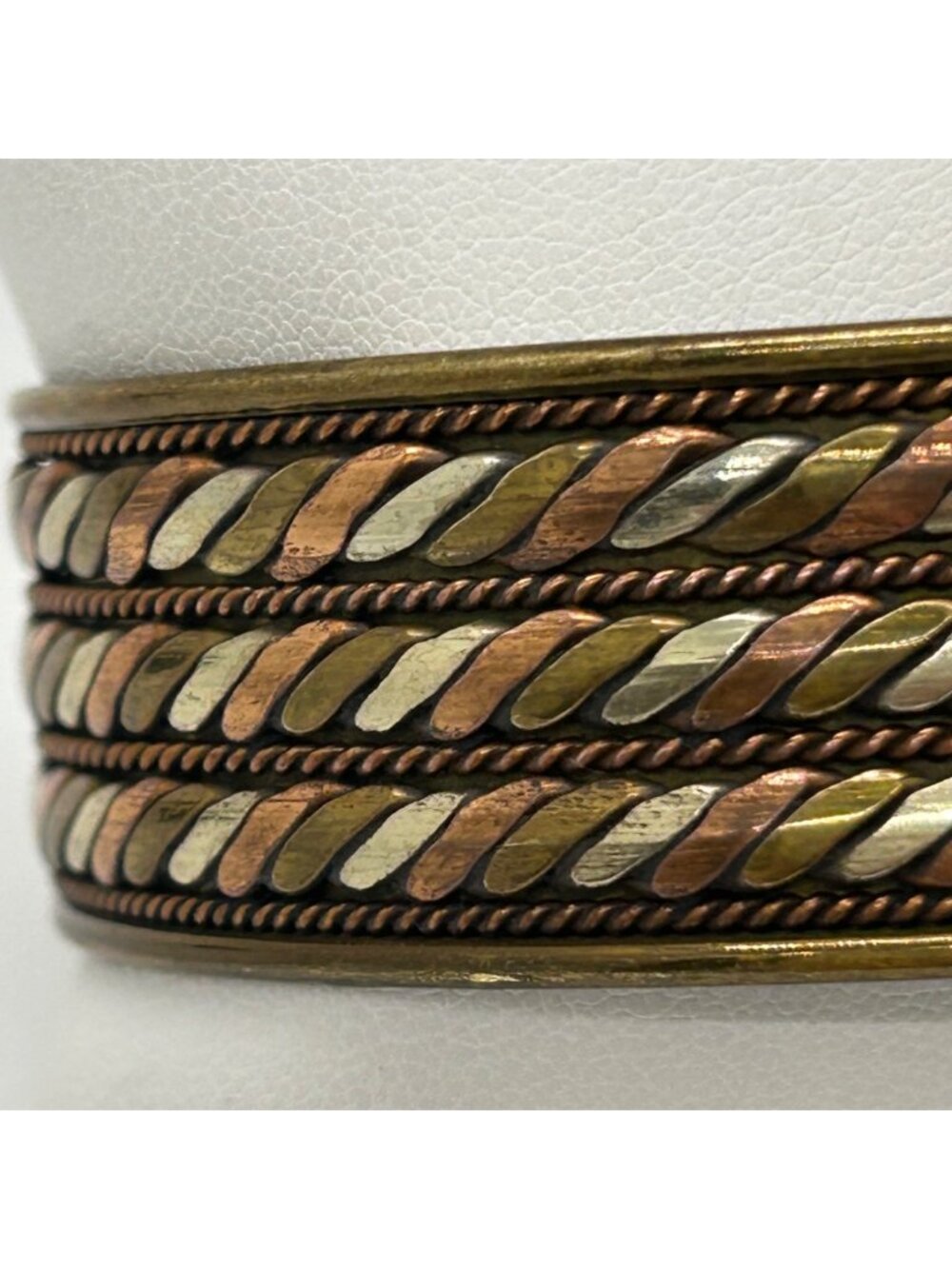 Vintage Adjustable Brass Copper & Silver-Tone Tricolor Cuff Bracelet 8" Unisex - Picture 11 of 16